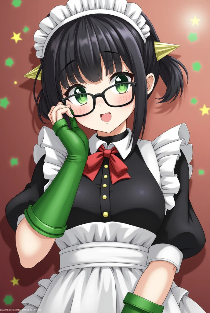 highres, sharp focus, pixiv masterpiece, ((intricate details)), highly detailed, yuri alpha, 1girl, black hair, (green wristband, green gauntlets, spikes,:1.1) glasses, green eyes, maid, single hair bun, dress, choker, bowtie, maid apron,