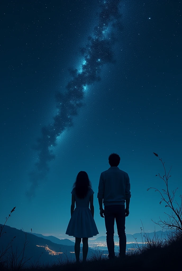 Majestic starry sky Male and female back view An illustration