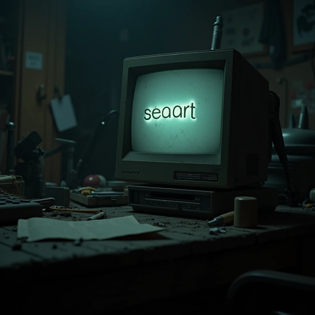 detailed cinematic dof render of an old dusty detailed CRT monitor on a wooden desk in a dim room with items around, messy dirty room. On the screen are the letters “SEAART” glowing softly. High detail hard surface render