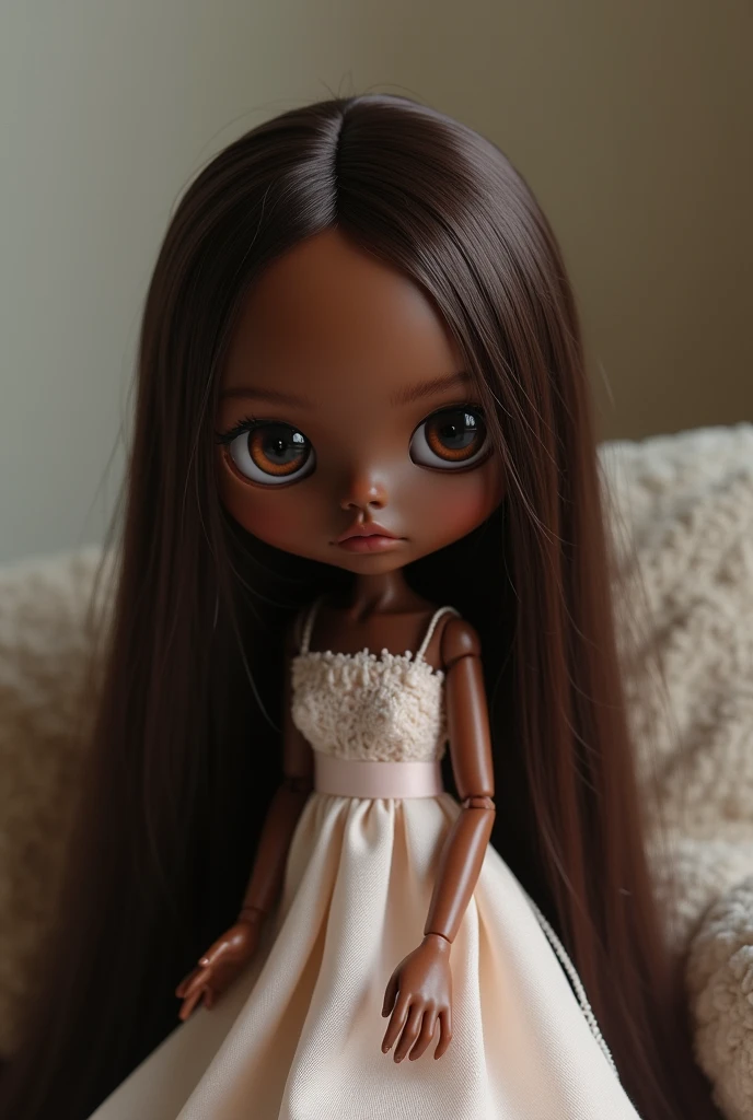 A blythe doll with dark skin, long straight hair and brown eyes