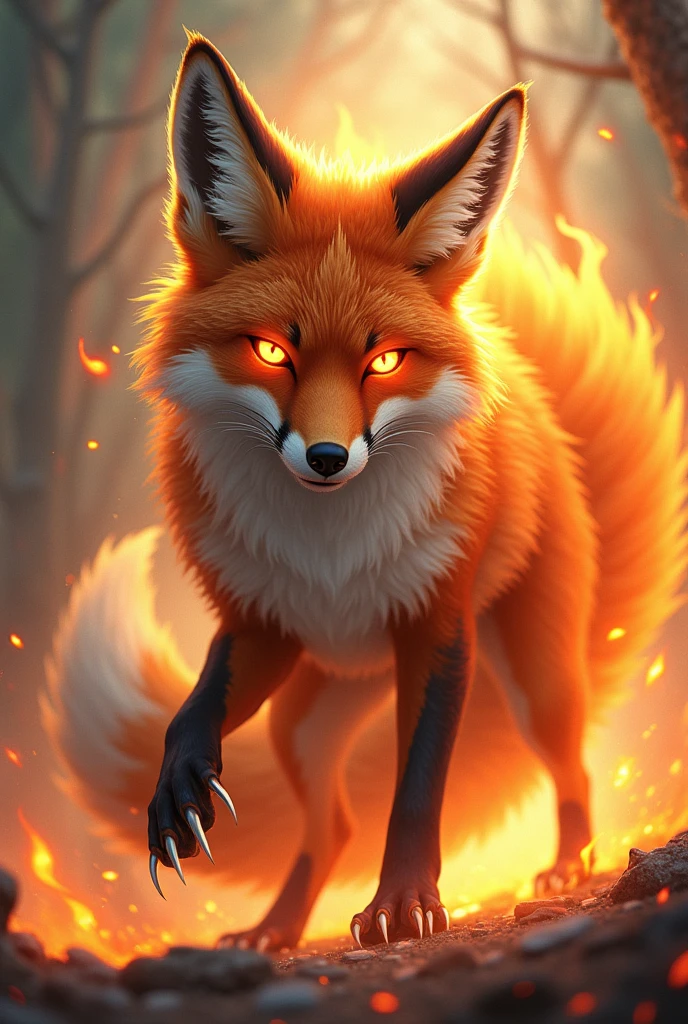 Adult fox,spiritual,anime ,tender, Fire magic , in attack position