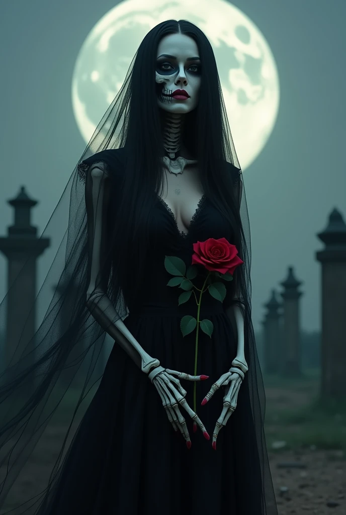 A 40 year old sensual Japanese woman, small fort, very beautiful, straight black hair down to the butt, half skeleton face and half woman, all black dress, black veil on her head and a red rose in her hand, in the background a large cemetery and a full moon night