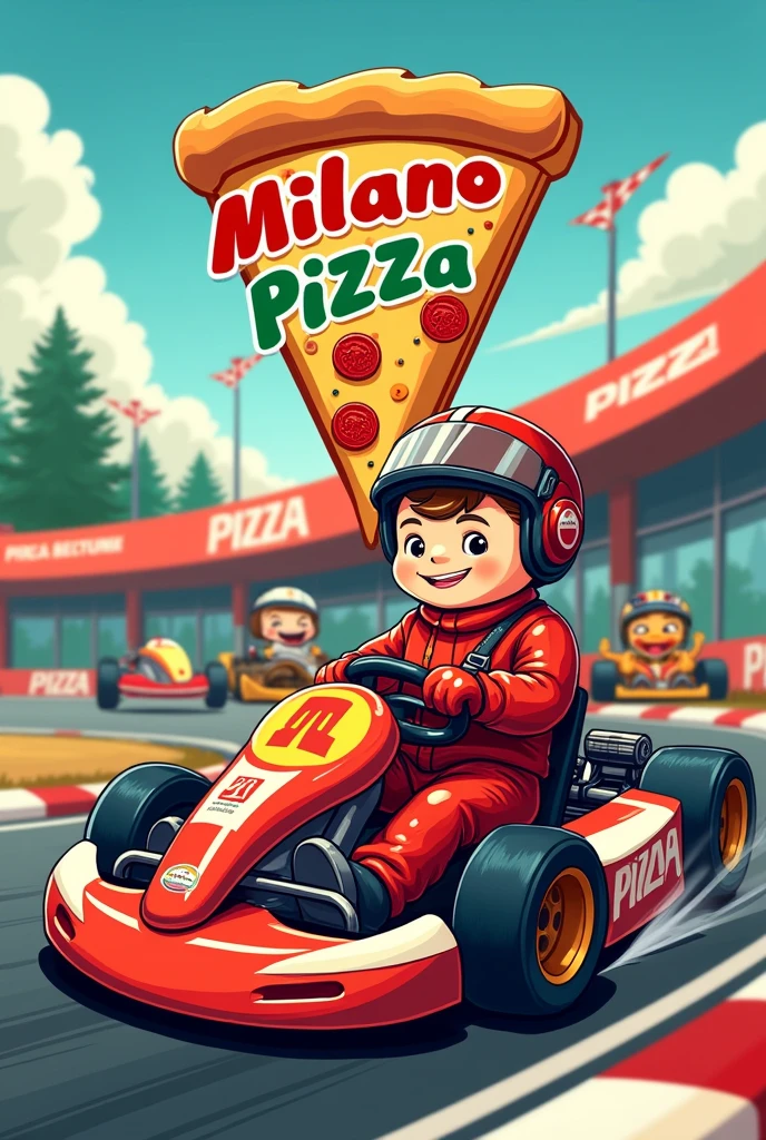 Logo et personnages racing pour ma pizzeria " Milano Pizza " incluant le karting électrique partenaire juste a côté