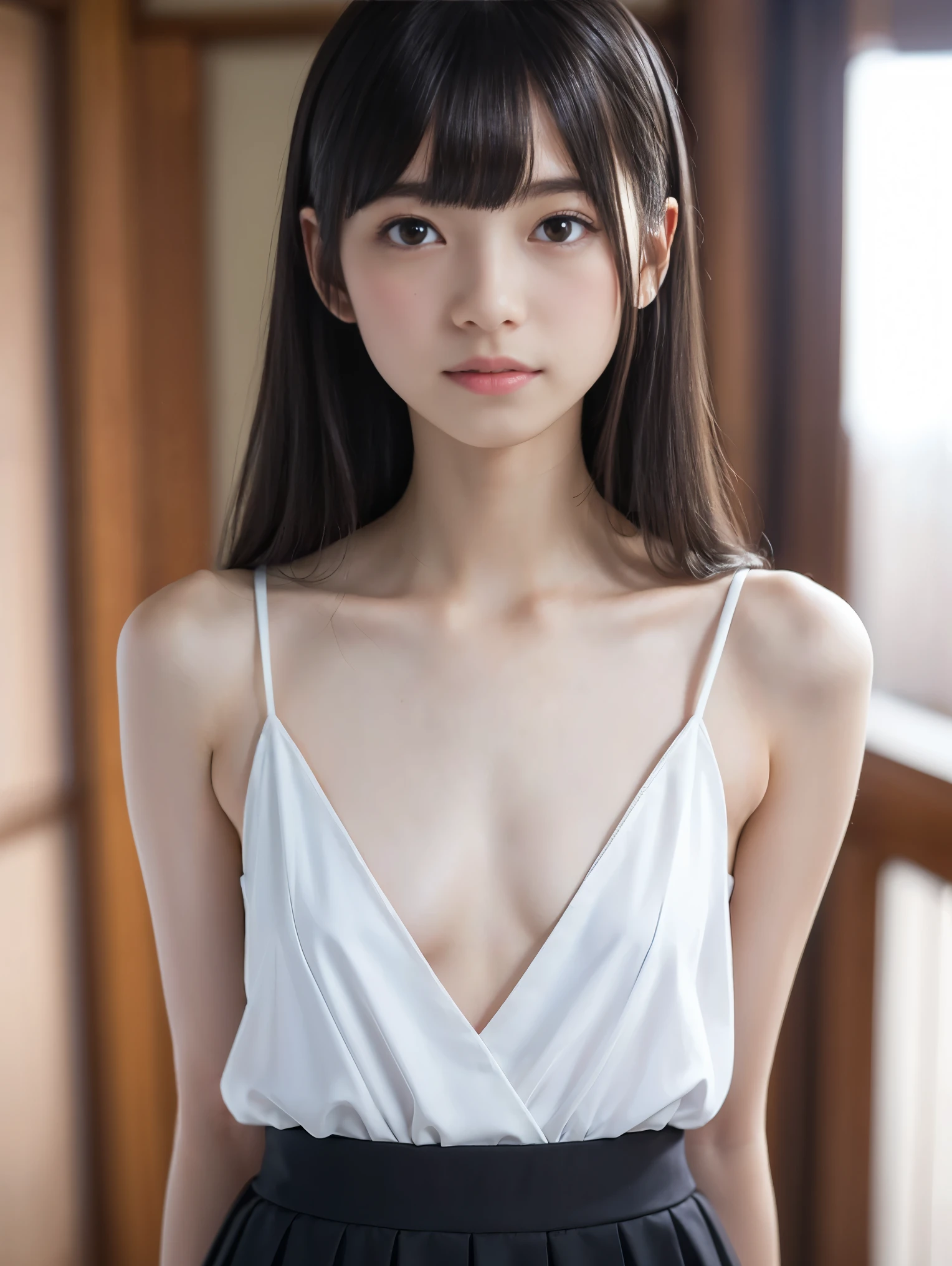 High resolution、High resolution、In 8K、RAW Photos、Highest quality、masterpiece、18-year-old girl, (Flat chest like:1.2), ((Skinny body:1.2)),  Wavy Hair,, Anatomically correct、bangs、Waist、thigh、Japanese high school uniform