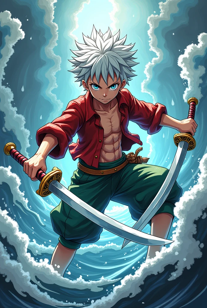 Anime photo of a skinny white boy who is a pirate and has two katanas like Tenge uzui and who has the t-rex devil fruit