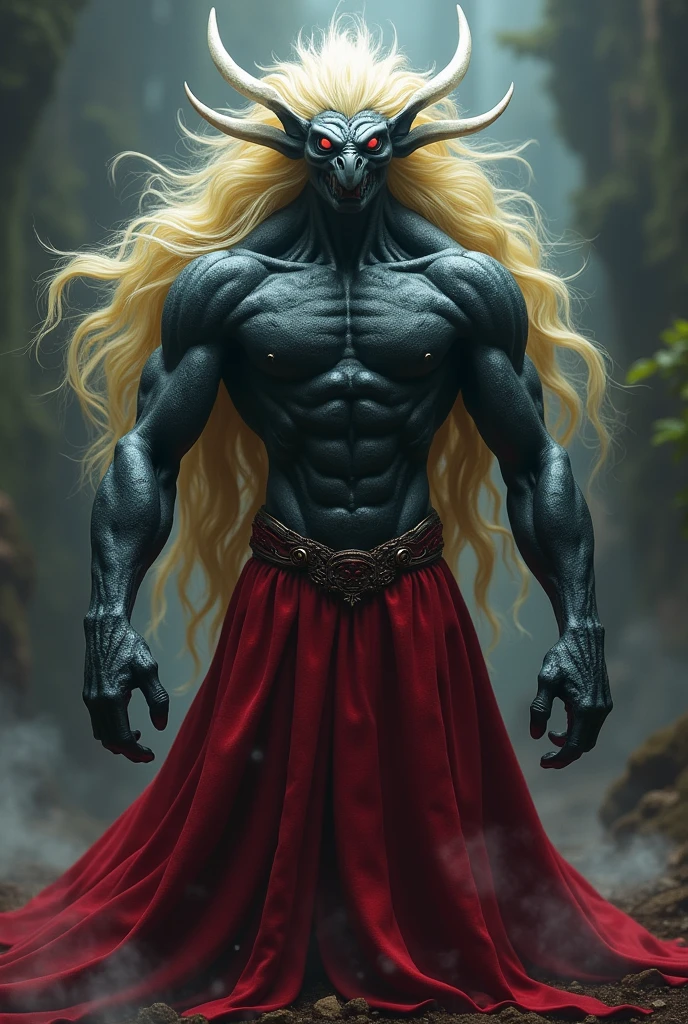 Pokemon monster long blonde hair red dress dark steel skin black eyes 