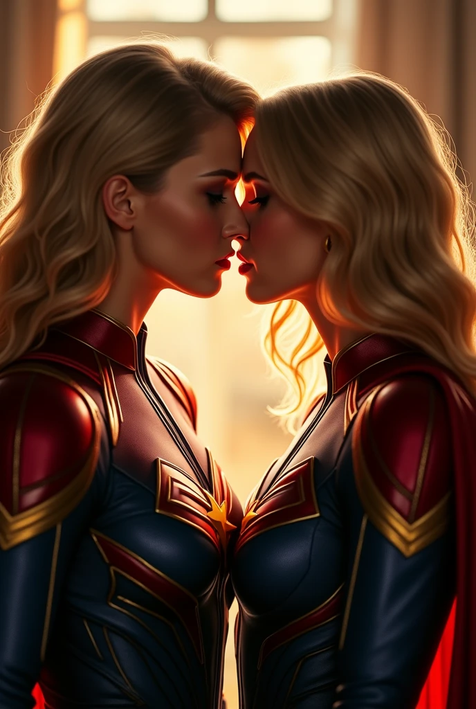 A stunning portrait of Captain Marvel and Supergirl touching each others breasts, kissing, French kissing, tongues touching, they are kissing, young and beautiful, hyper realistic, real portrait, backlit, exquisite features, cleavage, ecstasy, super girl:1.3