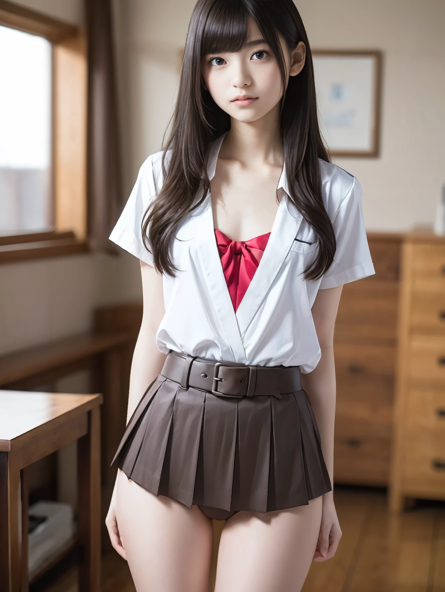 High resolution、High resolution、In 8K、RAW Photos、Highest quality、masterpiece、18-year-old girl, (Flat chest like:1.2), ((Skinny body:1.2)),  Wavy Hair,, Anatomically correct、bangs、Waist、thigh、Japanese high school uniform