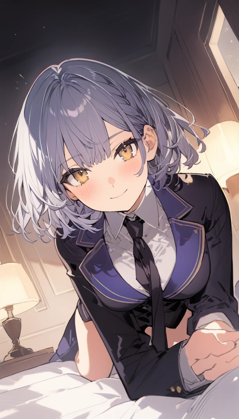 score_9, score_8_up, score_7_up, source_anime, best quality, amazing quality, very aesthetic, 1girl, yellow eyes, room, wariza, short dark blue hair, Tousled Bob cut, portrait, blazer, starshadowmagician, solo, Adult woman, best perfect anatomy, thin, curvy body, medium breasts, close up shot on person, a woman showing happy, light smile, closed mouth, blush, from below, looking at viewer, (lying down, hand between her legs), mature woman laying prone on bed, white shirt, black tie, format black vest, Long-sleeved shirt, black trousers, dynamic angle. perfect dynamic composition, night days, volumetric lighting, dark hotel bedroom background,