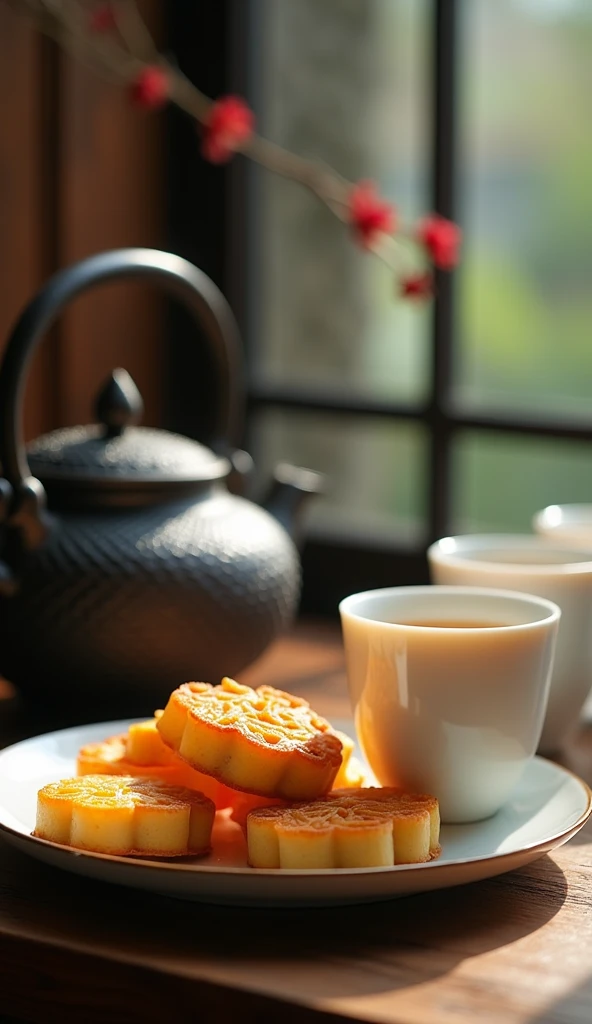 The elegant and refined tea ceremony brings a touch of pure tea charm,bloom in silence。Cast iron kettles are tempered over time,Forge a unique texture,Exuding a warm and moist atmosphere。Beautiful white porcelain cup,Delicate and smooth glaze,Just right to carry the fragrance of tea。The plate is filled with golden color、Fragrant mooncakes,,It forms a tranquil picture full of Zen。
A bright moon hangs high in the sky outside the wooden window in the background,Bright as jade,The light flows,Enhance the texture of teaware,It feels like you are in a peaceful Zen tea space。Interlacing of light and shadow,Exuding the warmth and softness of the afternoon,Provides a comfortable and relaxing atmosphere。
The overall picture is minimalist but rich in layers,Elegance reveals a vague romantic charm。Meticulous photography techniques,Capturing the Zen and tranquility of the tea ceremony,Demonstrate high-quality visual experience。