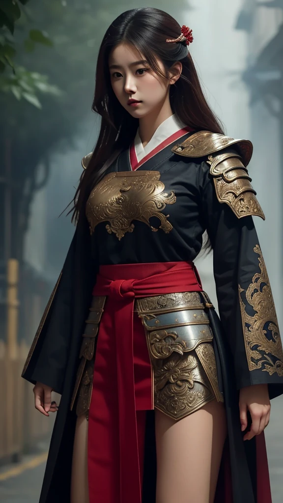 Immerse yourself in the beauty of traditional ink art with this visually descriptive prompt, featuring a stunning female samurai in a coat of armor, her upper thighs peeking out from beneath her flowing garments.