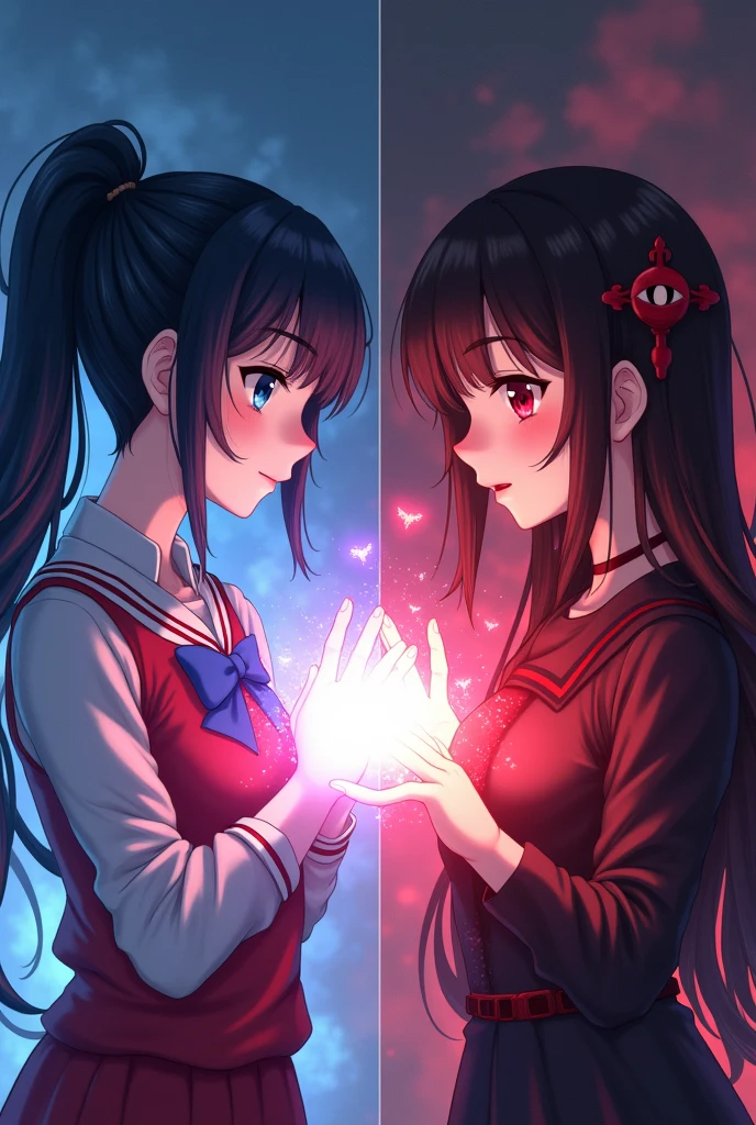draw two anime girls, with long black hair, pale skin, The first one with blue eyes and a ponytail in her hair, with a red and white school uniform, looking with a smile at his hands, in it a white light, the second one with bright red eyes, with a black dress with red details, looking emotionlessly at his hands, that emit a red and black glow. Please