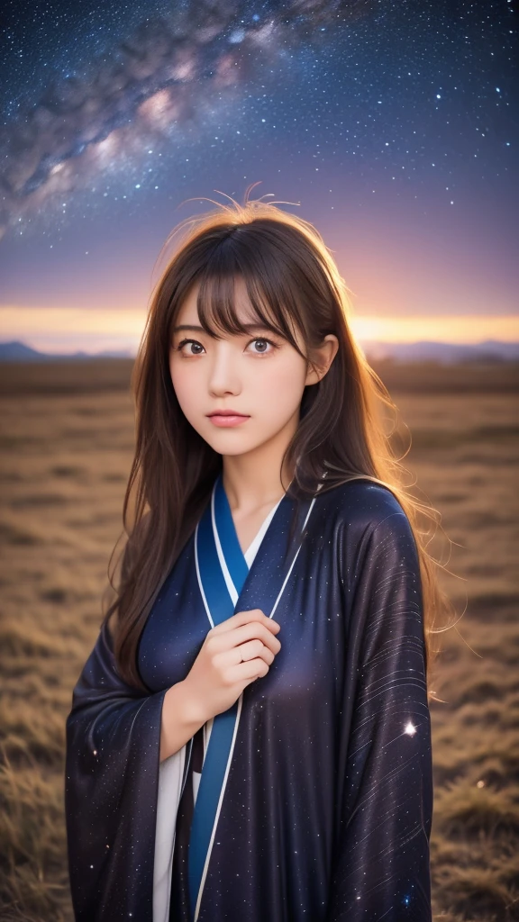 High resolution, masterpiece, Textured skin, Very long hair,Colorful Hair, Parted bangs, Hair blowing in the wind, Large Breasts, Sad expression, Full Body Portrait,Beautiful starry sky,milky way,A dress like a kimono,Romanticism, 18 year old adult female(((スカートをLift it yourself))),(Lift it yourself),Realistic