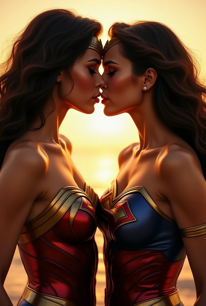 A stunning portrait of Wonder Woman and Supergirl touching each others breasts, kissing, French kissing, tongues touching, they are kissing, young and beautiful, hyper realistic, real portrait, backlit, exquisite features, cleavage, ???????