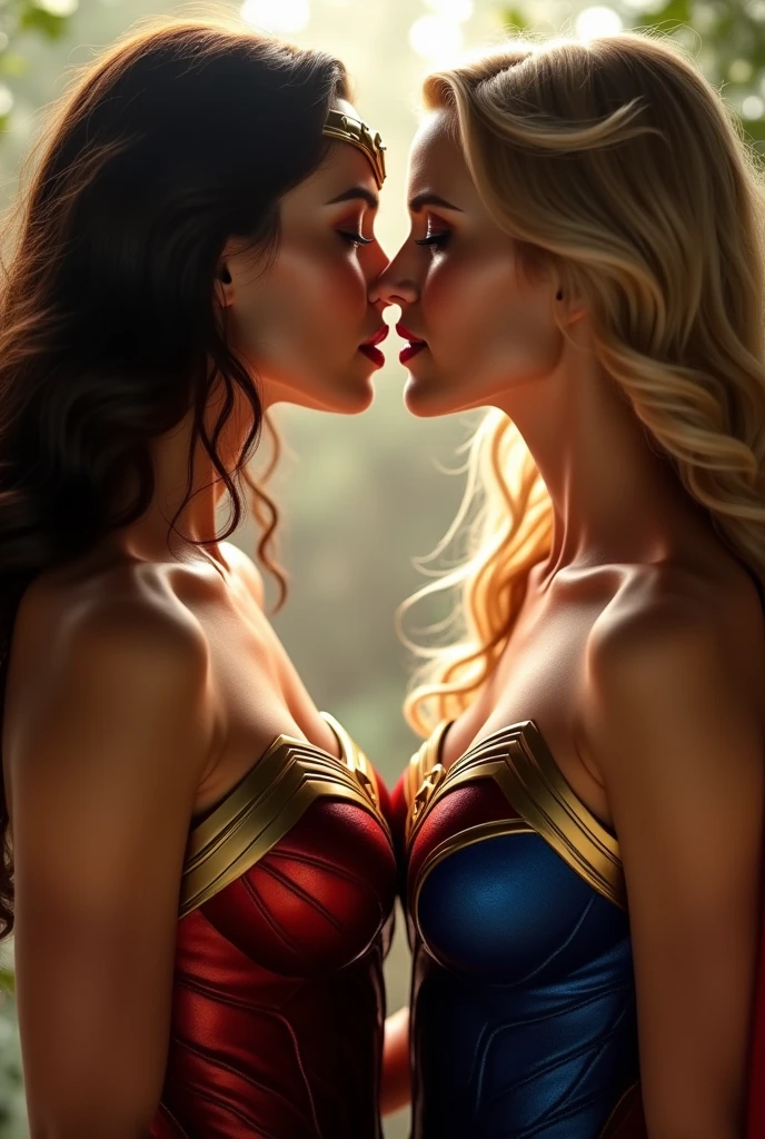 A stunning portrait of Wonder Woman and Supergirl touching each others breasts, kissing, French kissing, tongues touching, they are kissing, young and beautiful, hyper realistic, real portrait, backlit, exquisite features, cleavage, ecstasy