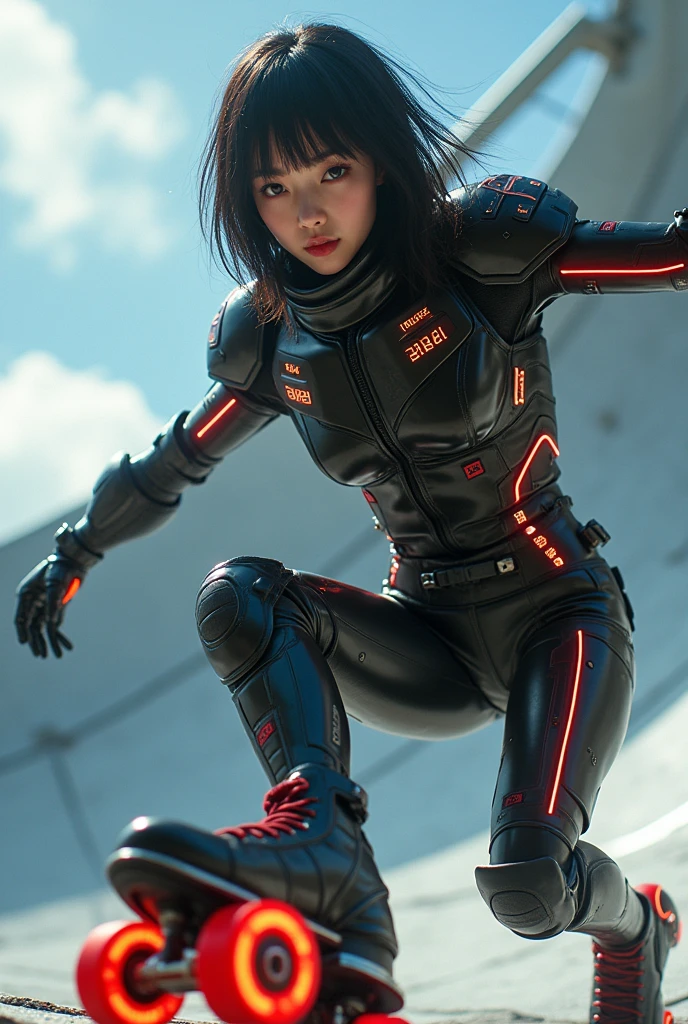 photo-realistic, ultra-realistic, very beautiful Japanese futuristic soldier, famous Japanese idol, 25 years old, dramatic scene, masterpiece, beautiful eyes, roller skating On the nasa's giant parabolic antenna, (cyber punk glossy intricated complex mecha hard armor suits with neon sign), acrobatic pose, dynamic angle, dangerous place, (face focus),