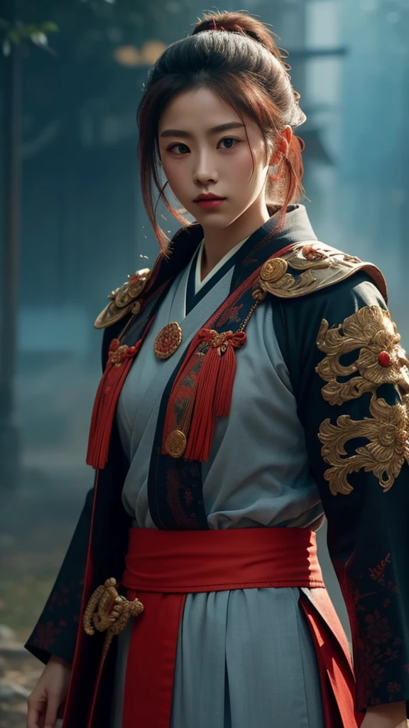 Let your imagination run wild with this creative prompt, featuring a stylistic rendering of a female samurai in faded ink, her armor adorned with intricate details and her coat adding a touch of elegance to the piece.