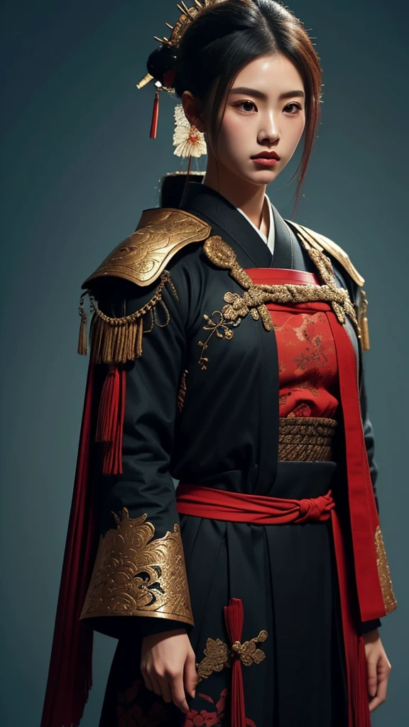 Let your imagination run wild with this creative prompt, featuring a stylistic rendering of a female samurai in faded ink, her armor adorned with intricate details and her coat adding a touch of elegance to the piece.