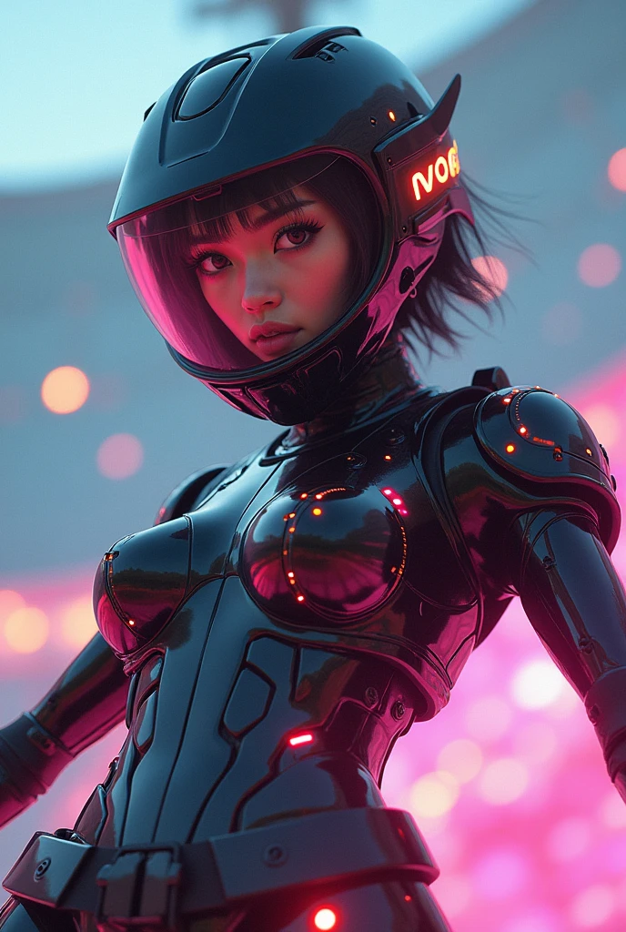 photo-realistic, ultra-realistic, very beautiful Japanese futuristic soldier, famous Japanese idol, 25 years old, dramatic scene, masterpiece, beautiful eyes, roller skating On the nasa's giant parabolic antenna, (cyber punk glossy intricated complex mecha hard armor suits with neon sign), acrobatic pose, dynamic angle, dangerous place, (face focus),