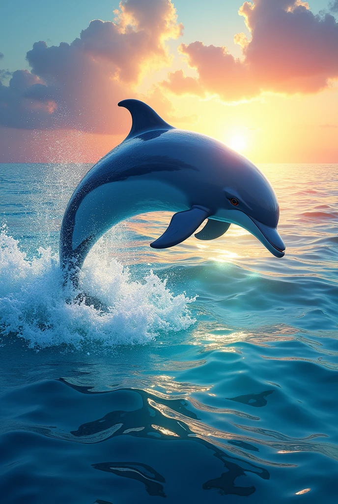 A dolphin in the midst of crystal clear waters jumping out of the colorful sea with many colorful aspects and a very cute sun rising
