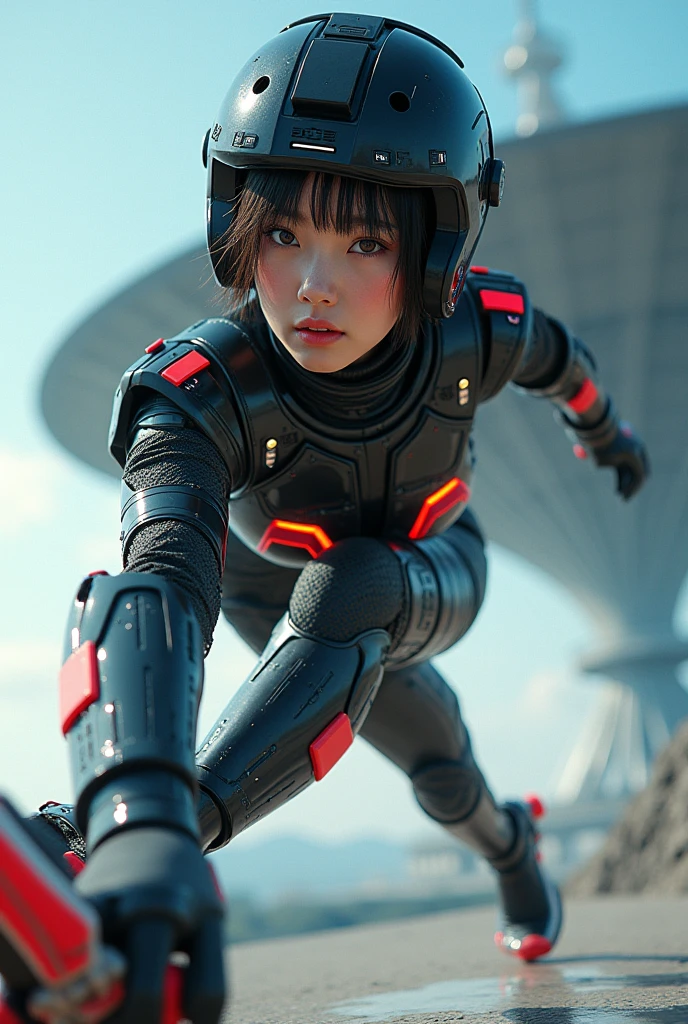 photo-realistic, ultra-realistic, very beautiful Japanese futuristic soldier, famous Japanese idol, 25 years old, dramatic scene, masterpiece, beautiful eyes, roller skating On the nasa's giant parabolic antenna, (cyber punk glossy intricated complex mecha hard armor suits with neon sign), acrobatic pose, dynamic angle, dangerous place, (face focus),