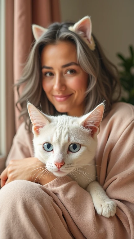 (masterpiece: 1.2, Highest quality), (Actual photo, Intricate details), 1. Female, alone, Upper Body, casual, Shoulder-length hair, Minimal makeup, Natural materials, Face close-up, smile, Home, Gray Hair, blue eyes, Cat ear,