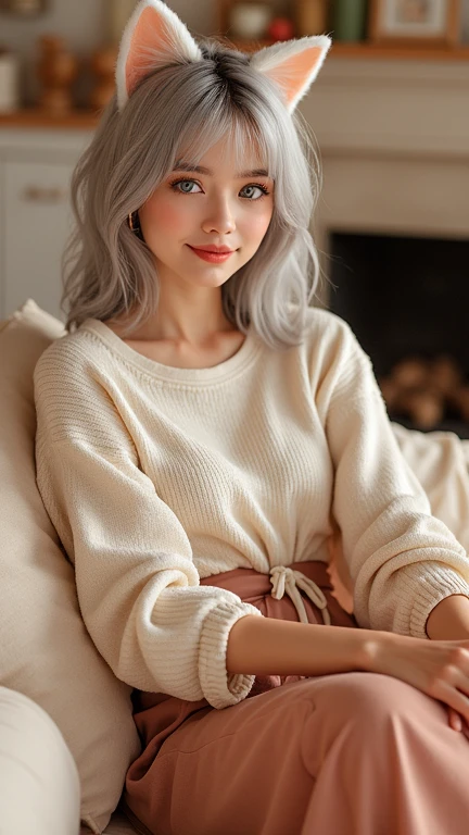 (masterpiece: 1.2, Highest quality), (Actual photo, Intricate details), 1. Female, alone, Upper Body, casual, Shoulder-length hair, Minimal makeup, Natural materials, Face close-up, smile, Home, Gray Hair, blue eyes, Cat ear,