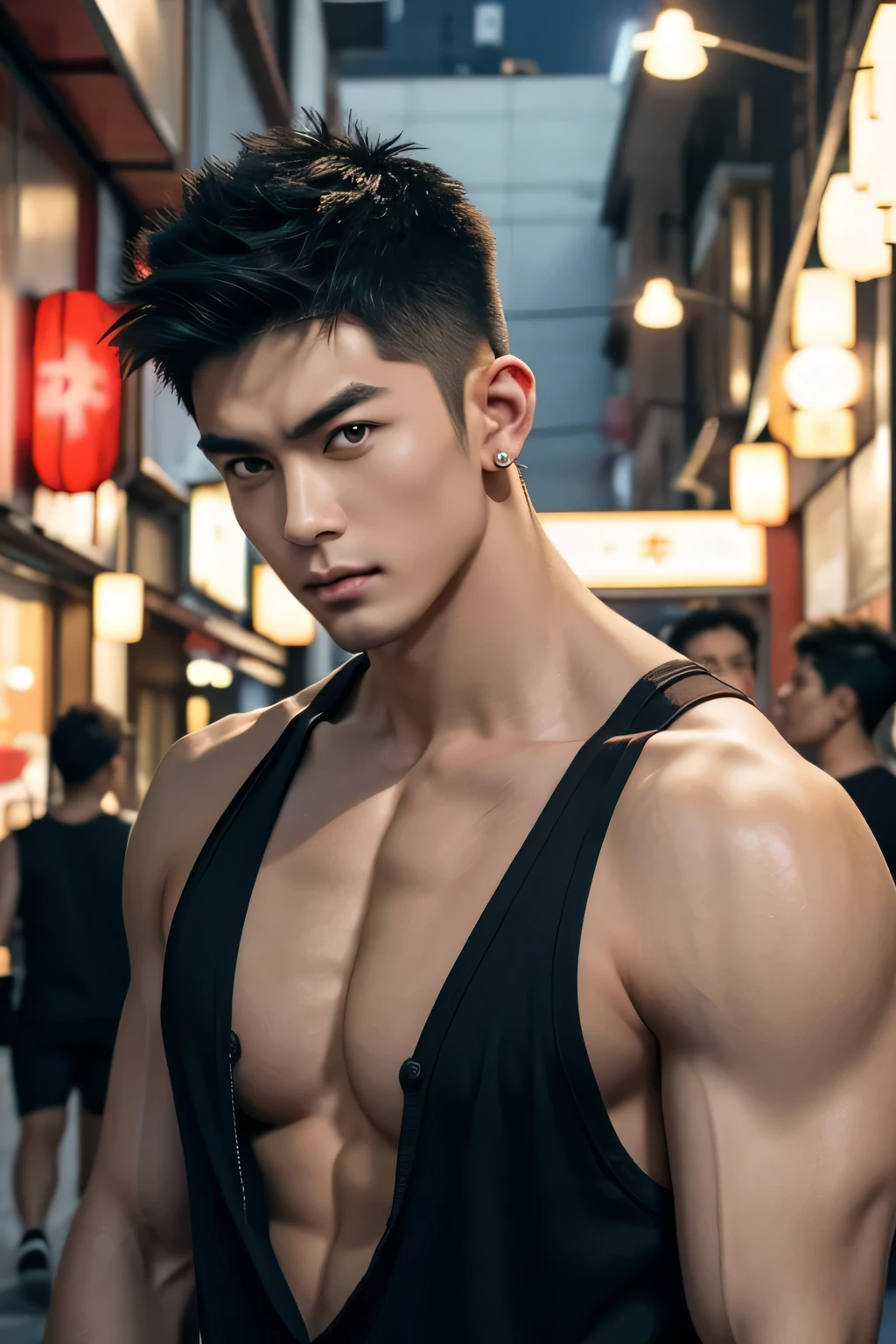 Japanese male male model, big muscles, handsome, cool, smoothly combed hair, pierced ears, wearing a loose tank top, holding a lollipop, portraiture, modeling, dynamic pose, Japanese street, late at night, store lights trade, full half body shot