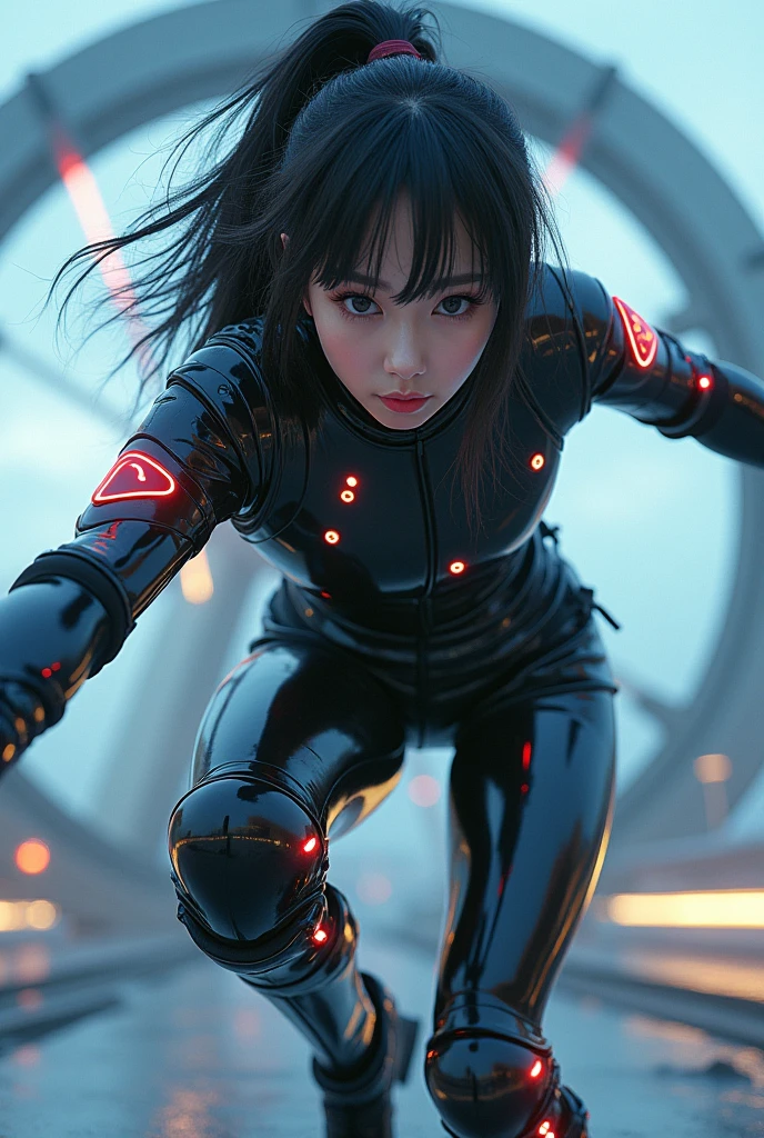 photo-realistic, ultra-realistic, very beautiful Japanese futuristic soldier, famous Japanese idol, 25 years old, dramatic scene, masterpiece, beautiful eyes, roller skating On the nasa's giant parabolic antenna, (cyber punk glossy intricated complex mecha hard armor suits with neon sign), acrobatic pose, dynamic angle, dangerous place, (face focus),