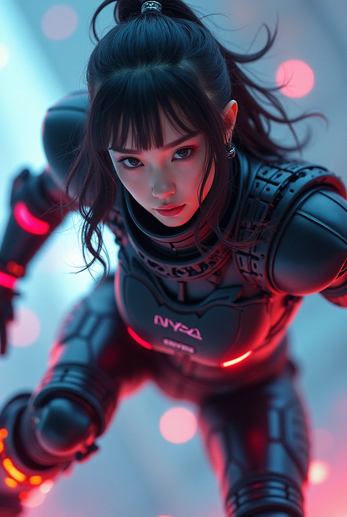 photo-realistic, ultra-realistic, very beautiful Japanese futuristic soldier, famous Japanese idol, 25 years old, dramatic scene, masterpiece, beautiful eyes, roller skating On the nasa's giant parabolic antenna, (cyber punk glossy intricated complex mecha hard armor suits with neon sign), acrobatic pose, dynamic angle, dangerous place, (face focus),