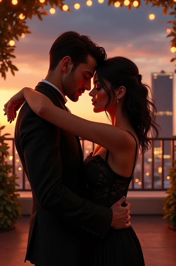 A Brazilian woman, Brunetette, with waist-length black hair, dressed in a black dress with a lace corset, dancing with a tanned dark guy, low hair, he wears a suit. They are on the terrace of a hotel that is celebrating its 50th anniversary..... They are watching, she is more shy and he is in love, best image 