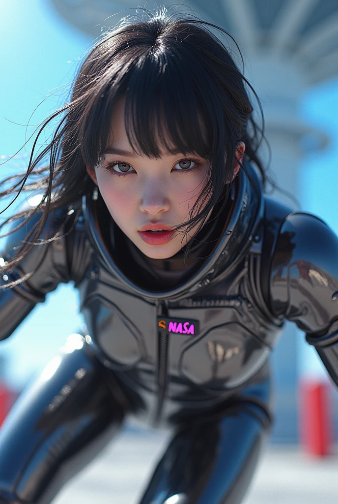 photo-realistic, ultra-realistic, very beautiful Japanese futuristic soldier, famous Japanese idol, 25 years old, dramatic scene, masterpiece, beautiful eyes, roller skating On the nasa's giant parabolic antenna, (cyber punk glossy intricated complex mecha hard armor suits with neon sign), acrobatic pose, dynamic angle, dangerous place, (face focus),