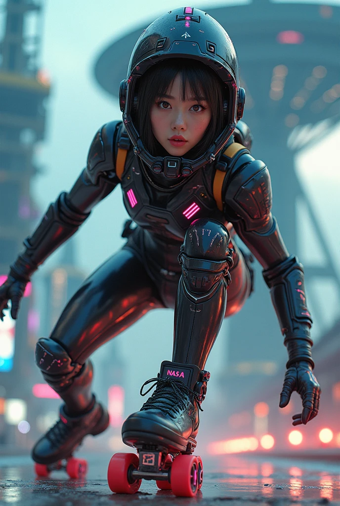 photo-realistic, ultra-realistic, very beautiful Japanese futuristic soldier, famous Japanese idol, 25 years old, dramatic scene, masterpiece, beautiful eyes, roller skating On the nasa's giant parabolic antenna, (cyber punk glossy intricated complex mecha hard armor suits with neon sign), acrobatic pose, dynamic angle, dangerous place, (face focus),