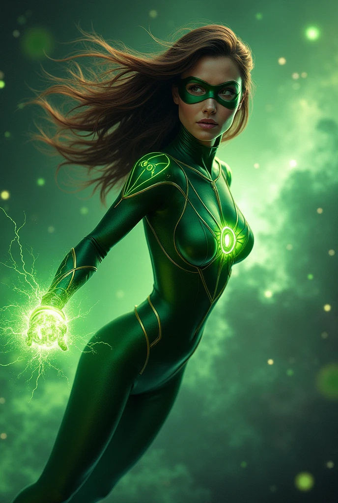 Spiderlantern green beautiful woman,with mask ,flying in space, with his power ring shining,perfect body, beautiful eyes