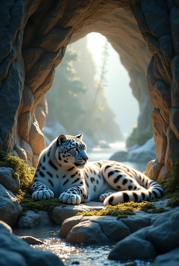 Generates a cozy cave where a snow leopard is resting