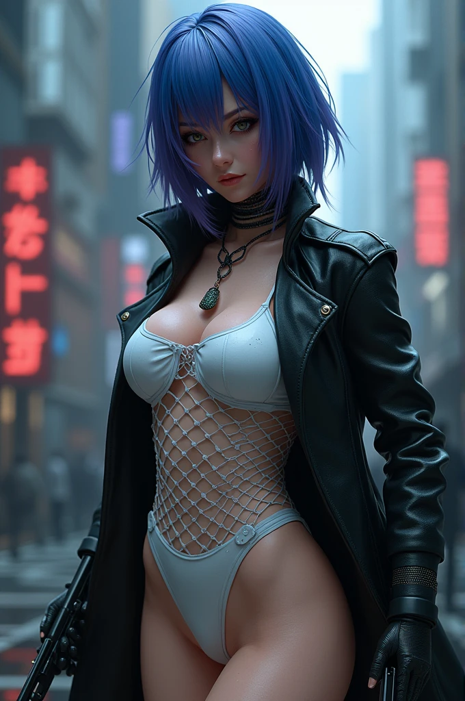 realistic 24k woman Kusanagi Motoko,ghost in the shel ,prosthetic body,blue-purple hair,(1 girl),(ghost in the shel style:1.0),realistic ghost in the shell with guns,Wearing a white Fishnet tights and leather coat,(beautiful eyes:1.2),(beautiful face:1.3),(detailed face:1.3),(smile),(muscular:1.1),(sensual:1.3),(thick thighs:1.2),(Body moistened with sweat),(background is black:1.5),(blur background:1.2),(master piece,highest quality,ultra high resolution,Super detailed,8K),wallpaper,The background is Cyberpunk City