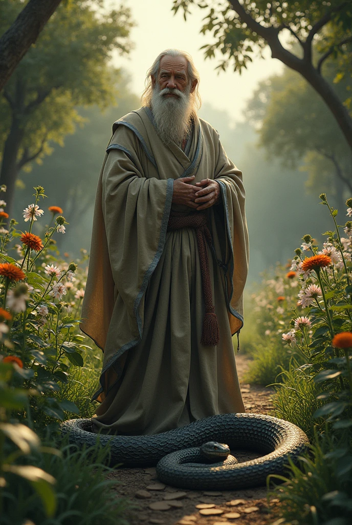 The wise man stands silently in the garden at dusk, his eyes wide with realization as he spots the snake biting the roots of his plants. The scene is bathed in the soft, fading light of the evening.