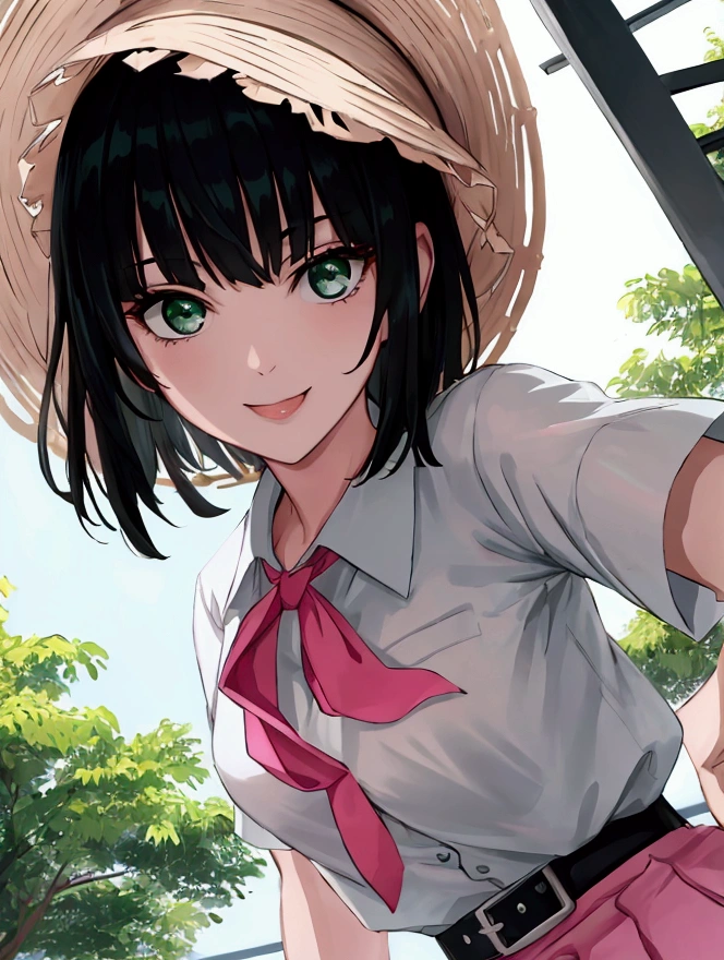 (high res, 8K, masterpiece, looking at viewer, best quality, very aesthetic, ultra detailed, ultra background, ultra Eyes) intricate details, 1girl, Fubuki, Chibi, short sleeved white shirt, pink vest, Pink short skirt, bucket Hat, Pink tie ribbon, Wearing a belt, green short hair, green eyes, Smile Face, Background Park, Cinematic Angle