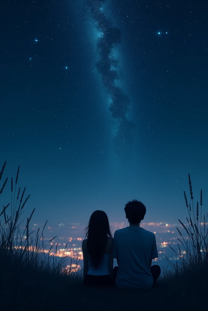 A shadow of a man and woman looking at the sky with full of stars sitting in the grass. With glimpse of light in town