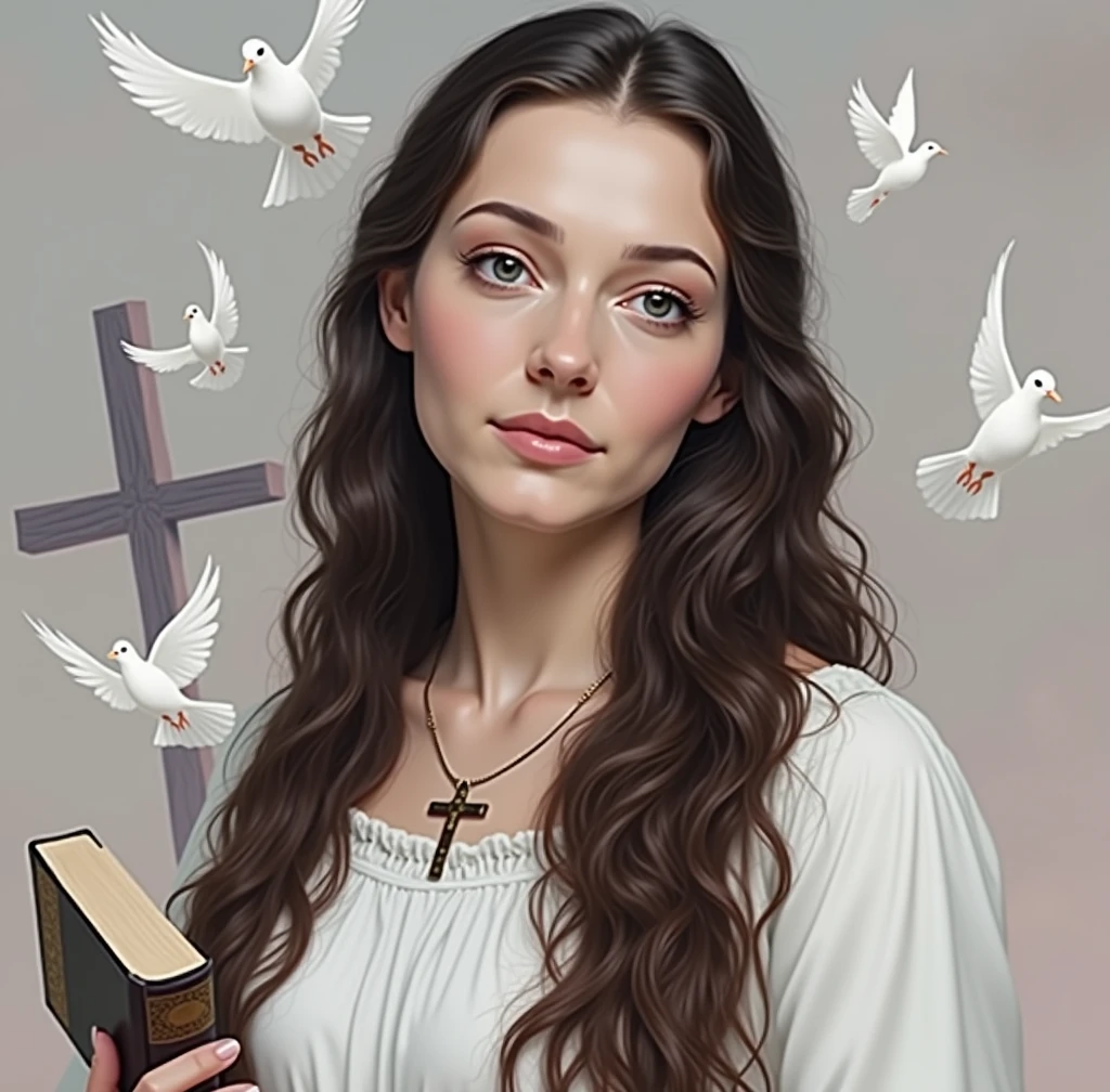 Put white doves flying behind her, and white clouds next to the doves, I want you to put a bible in her hand, and a calm and gentle countenance. With a large cross in the crucifixion background.