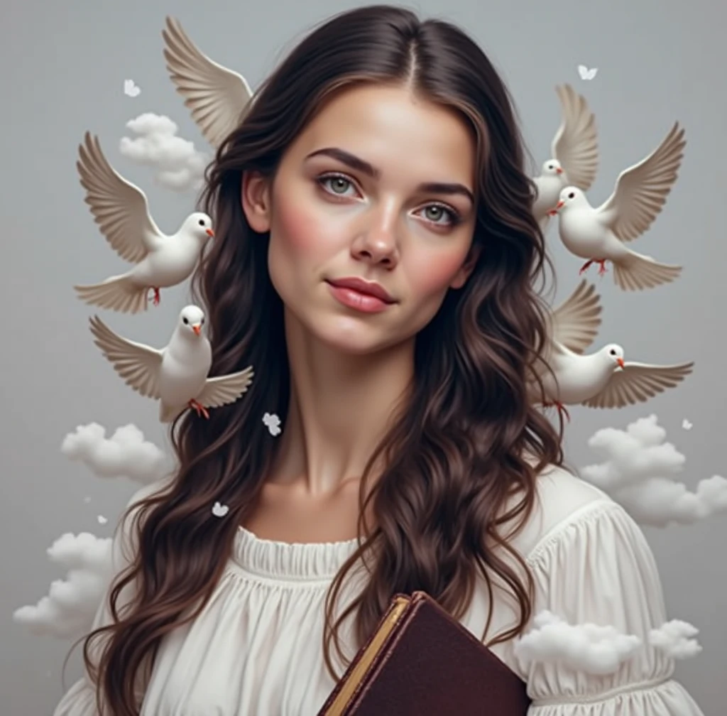 Put white doves flying behind her, and white clouds next to the doves, I want you to put a bible in her hand, and a calm and gentle countenance. With a large cross in the crucifixion background.