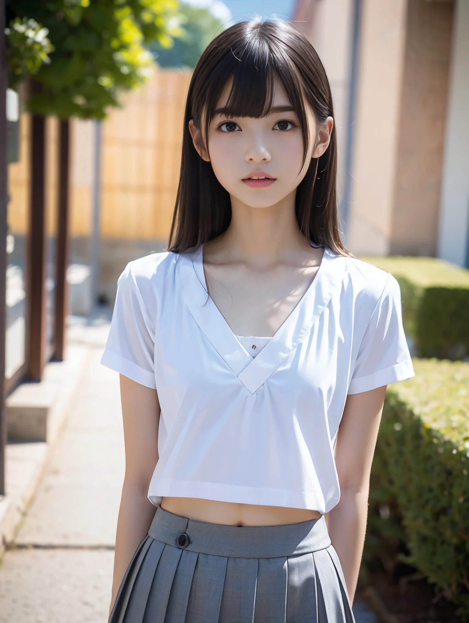 Ultra-high resolution, (Realistic: 1.4), RAW Photos, Highest quality, (Photorealisticistic), concentrated, Soft Light, (()), ((Japanese)), (front, Young Face))), (Depth of written boundary), (Cropped tank top), masterpiece, (Photorealistic), woman, bangs, (( Headband Top, Shorts, Medium bust, 1 girl)), Exposed Skin, Slender figure, Shibuya Station,