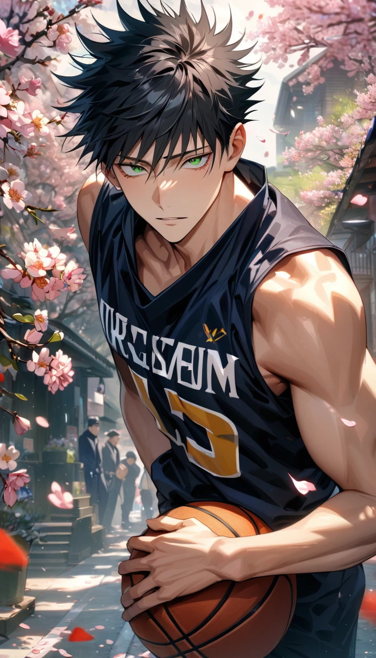 absurdres, highres, ultra detailed, HDR, masterpiece, extremely detailed face and eyes, Fushiguro Megumi, black hair, expressive green eyes, Jujutsu Kaisen, solo, y man, handsome, basketball uniform, spring, blossoms, petals, birds