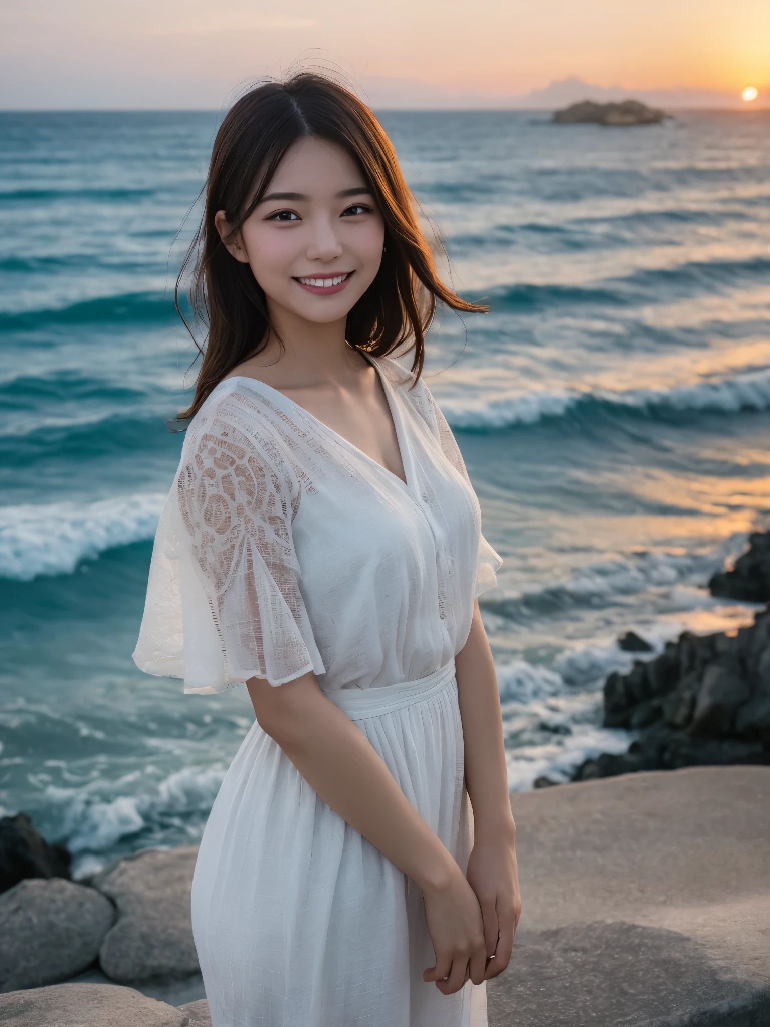 1girl, solo, highres, best_quality, masterpiece, detailed_background, intricate_details, beautiful, okinawa, manzamo_cliff, sunset, ocean_view, summer_clothes, smile, looking_at_viewer, dynamic_pose, natural_pose, candid, happy