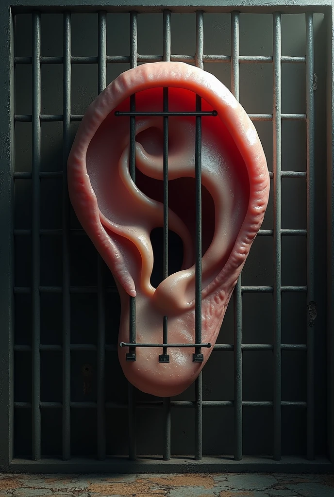 a huge ear stuck behind bars