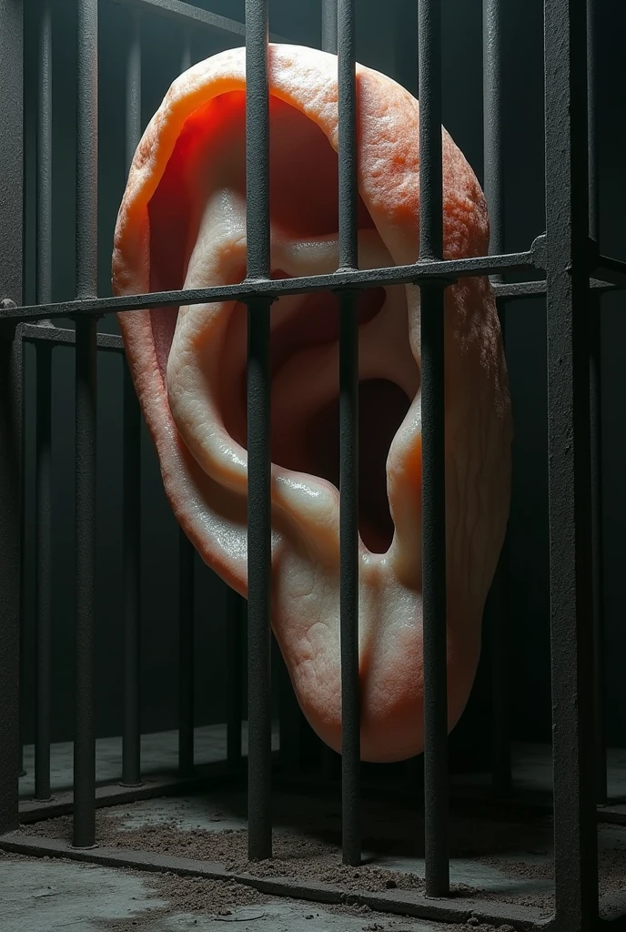 a huge ear stuck behind bars