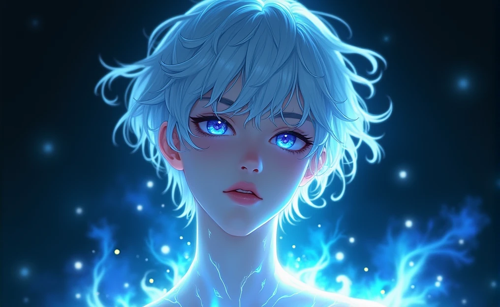 The image shows a younger man with delicate, androgynous features. The person has pale and smooth skin watching at us , with a serene and dreamy expression. His eyes are an intense and bright blue and purple, with a look that seems lost in deep thoughts. The younger man hair is short, flowing, and a deep black that appears to be made of liquid light. It is soaked and falls in clumps that blend into the background, giving a sense of movement and fluidity. There is an ethereal lighting effect surrounding the boy. Flashes of blue and white light spread across the image, as if the person is surrounded by some kind of magical energy. Light reflections on the skin and hair reinforce this feeling that the boy is made of a liquid or crystalline material. The background is dark, which makes the light effects stand out even more. There is a play of light and shadow that adds depth and mystery to the scene. The style is very detailed and realistic, with a fantastic touch. The use of cool colors and lighting effects creates a dreamy and otherworldly atmosphere.