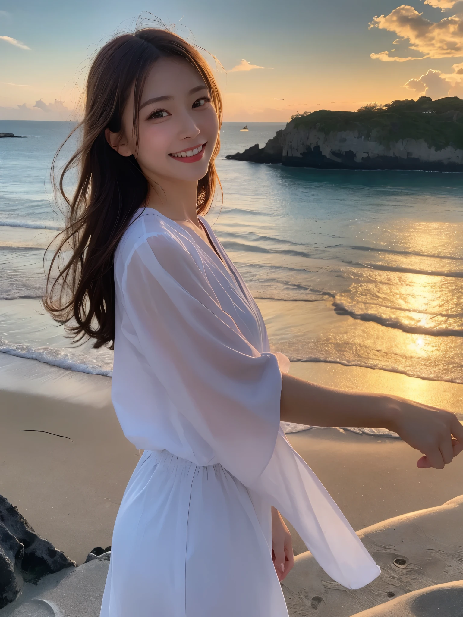 1girl, solo, highres, best_quality, masterpiece, detailed_background, intricate_details, beautiful, okinawa, manzamo_cliff, sunset, ocean_view, summer_clothes, smile, looking_at_viewer, dynamic_pose, natural_pose, candid, happy