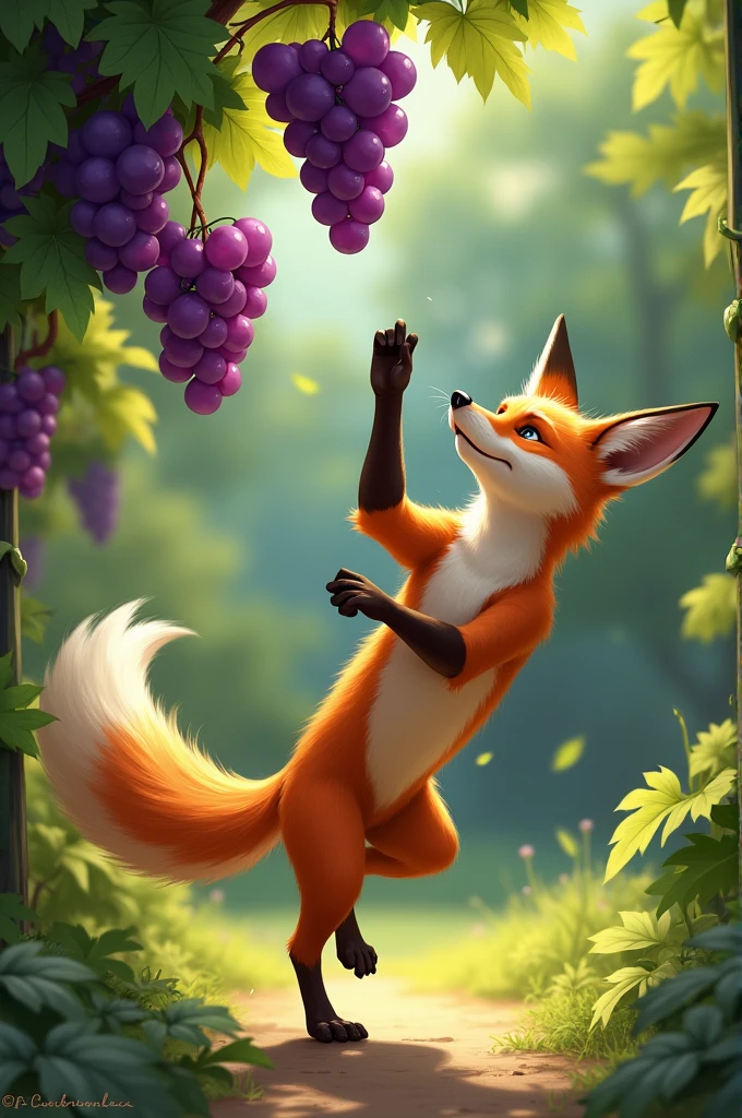 Taking a few steps back, the fox jumped and just missed the hanging grapes. Again the fox took a few paces back and tried to reach them but still failed.
Finally, giving up, the fox turned up his nose and said, "They're probably sour anyway," and proceeded to walk away.
MORAL: It's easy to despise what you cannot have.
Miss