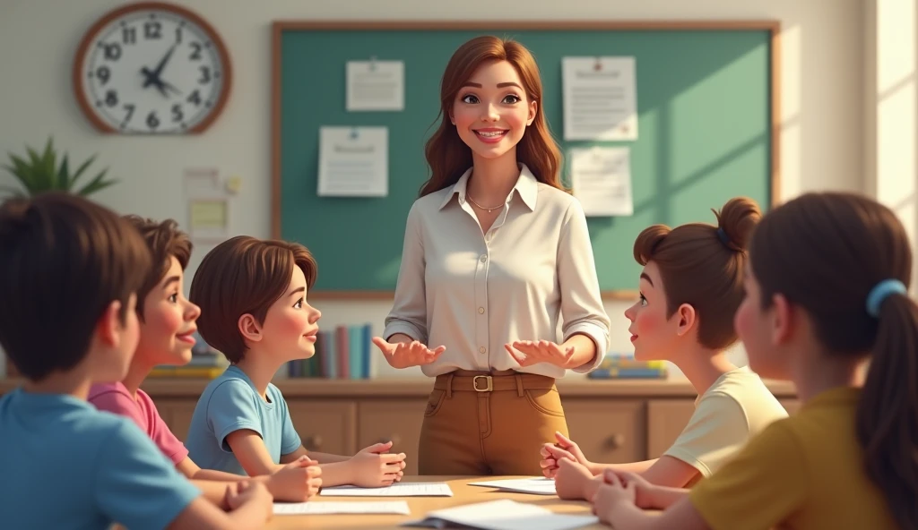 School parent-teacher meeting room, middle-aged female teacher smiling and addressing parents, acknowledging a girl's progress in independent thinking, proud mother sitting among parents, professional and supportive environment, positive outcome, realistic, neutral tones.